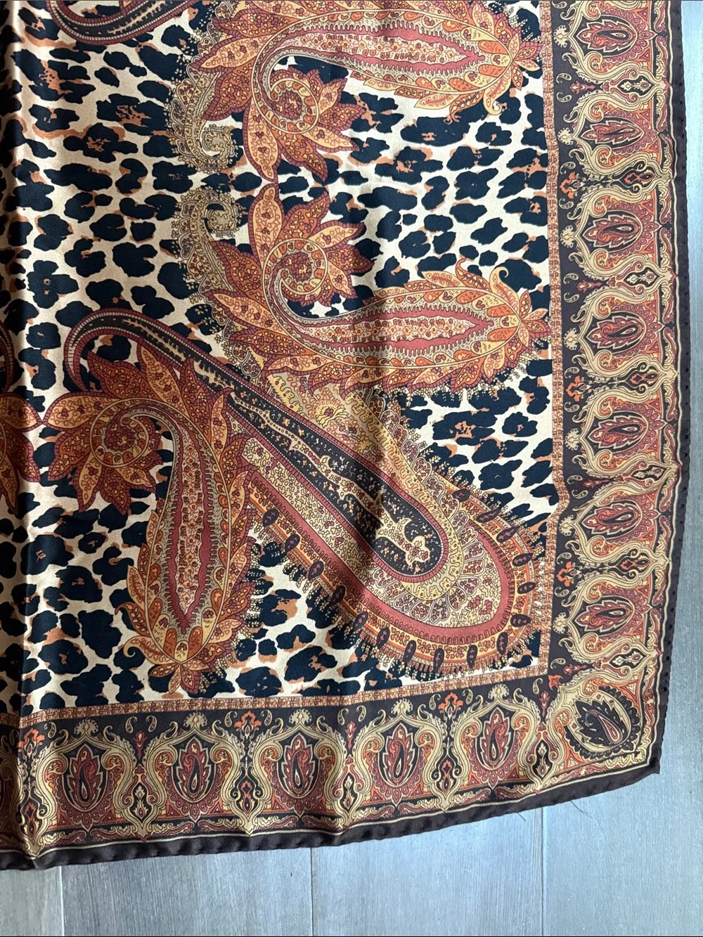 Vintage Silk Scarf Leopard & Paisley Print Square Scarf Brown Gold Accessory
